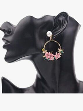 NEW Rebecca Pink Floral Gold Circle Drop Earrings